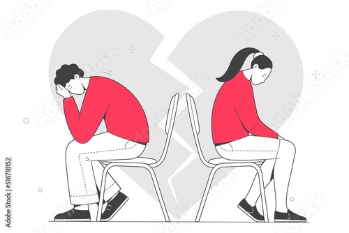 Sad upset man and woman. Depression and disappointment, love causing pain. Concept of unhappy relationships, divorce,  breakup. Outline illustration