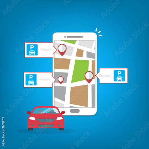 Online application for finding parking spaces, city parking. Smart city parking mobile app concept. Urban traffic technology