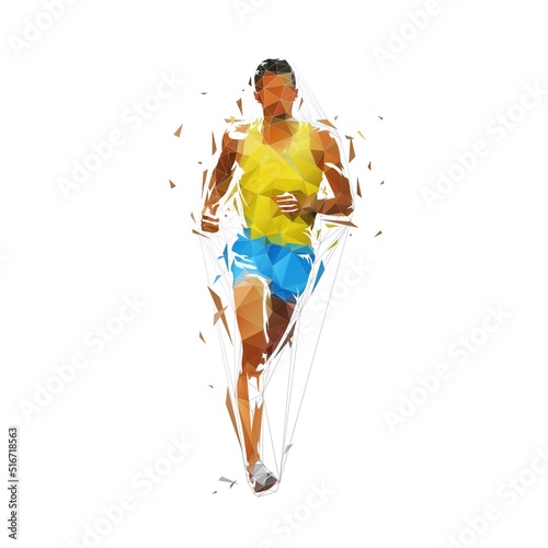 Run logo, running man, front view low polygonal isolated vector illustration. Geometric marathon logo from triangles