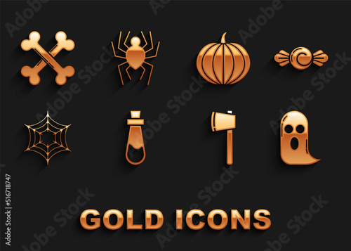 Set Bottle with potion, Candy, Ghost, Wooden axe, Spider web, Pumpkin, Crossed bones and icon. Vector
