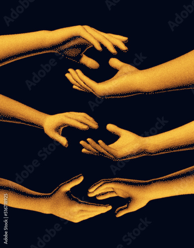 Hands reaching towards each other. Concept of human relation, togetherness or  partnership. 3D vector illustration. Design for banner, flyer, poster, cover or brochure.