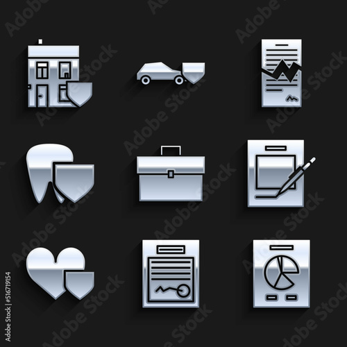 Set Briefcase, Filled form, Document with graph chart, Blank notebook and pen, Heart shield, Tooth, Torn contract and House icon. Vector