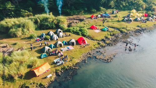 aerial view of camping by the river photo