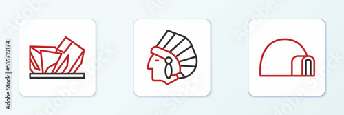 Set line Igloo ice house, Royal Ontario museum and Native American Indian icon. Vector