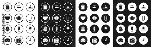 Set Floating buoy on the sea, Wind rose, Swimming trunks, Big flashlight for diver, Carabiner, Fishing boat water, Sun and waves and Aqualung icon. Vector