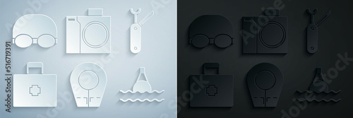 Set Diving hood, Swiss army knife, First aid kit, Floating buoy on the sea, Photo camera for diver and Glasses and cap swimming icon. Vector