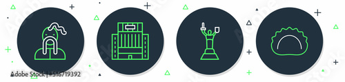 Set line Hotel Ukraina building, Mother Motherland monument, Ukrainian cossack and Dumplings icon. Vector