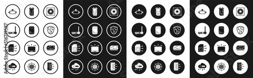 Set Computer cooler, Voice assistant, Router and wi-fi signal, Virtual reality glasses, Cyber security, Video graphic card, RAM, random access memory and Sim icon. Vector