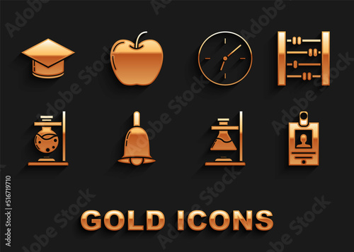 Set Ringing bell, Abacus, Identification badge, Glass test tube flask fire, Clock, Graduation cap and Apple icon. Vector
