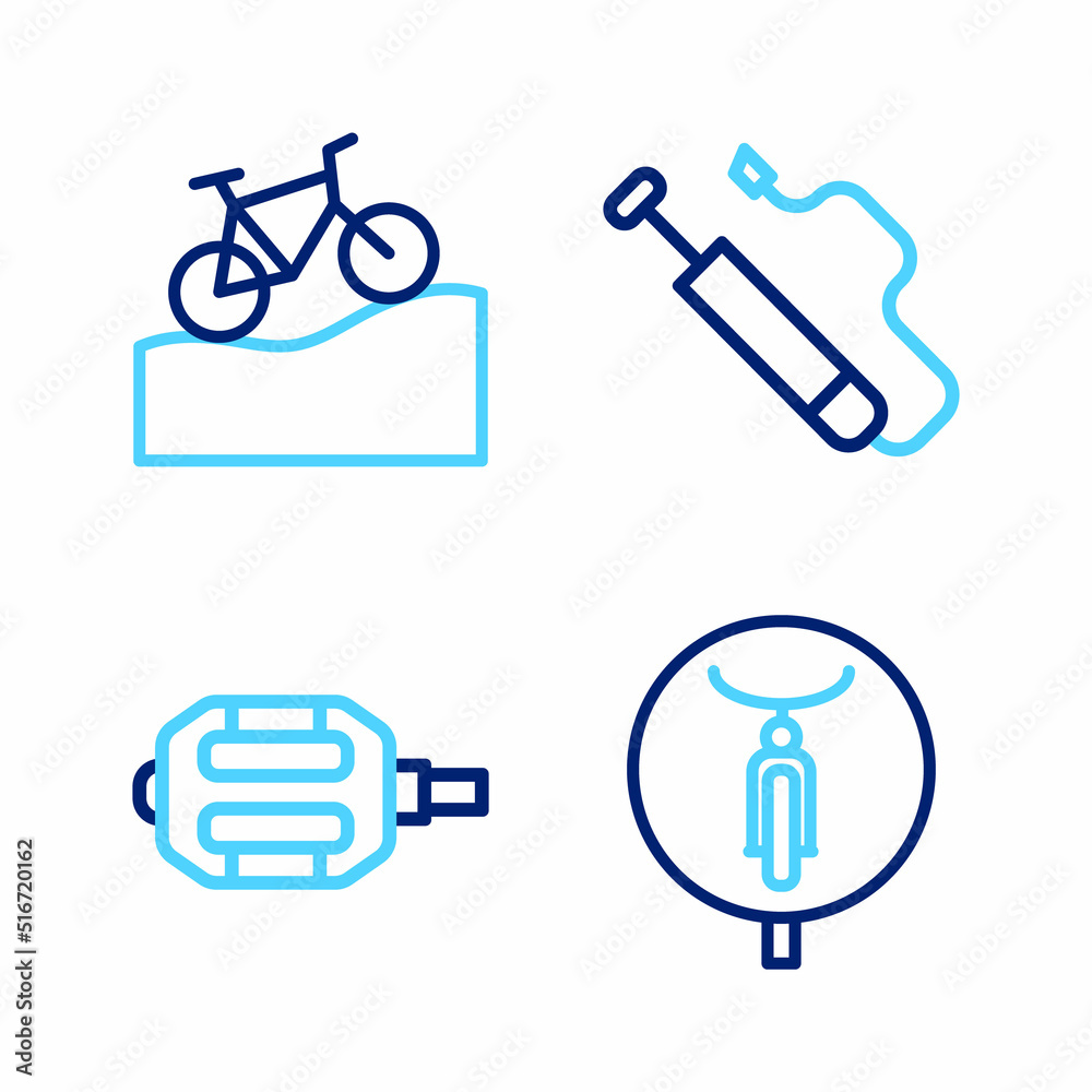 Set line Bicycle, pedal, air pump and Mountain bicycle icon. Vector