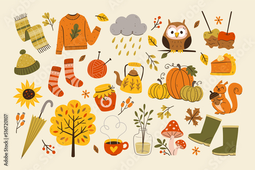 Cute autumn objects isolated. Collection of seasonal things like clothing, pumpkins, food, and fall animals, perfect for creating autumn decorative designs.