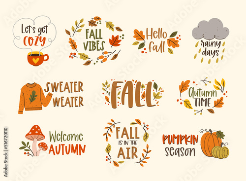 Autumn Label Collection. Seasonal decorative sentences isolated on light background. Vector illustration.