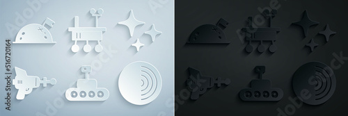 Set Mars rover, Falling star, Ray gun, Earth structure, and Planet with flag icon. Vector