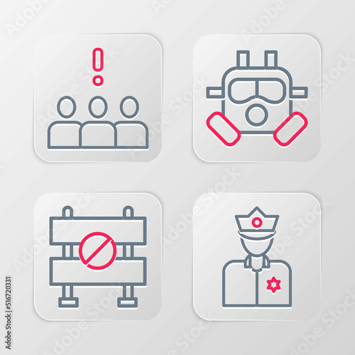 Set line Police officer, Road barrier, Gas mask and Crowd protest icon. Vector