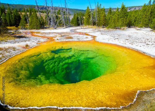 Yellowstone landmark and icon Morning Glory Pool with part of boardwalk around the spring