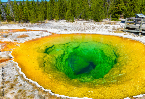 Yellowstone landmark and icon Morning Glory Pool with part of boardwalk around the spring