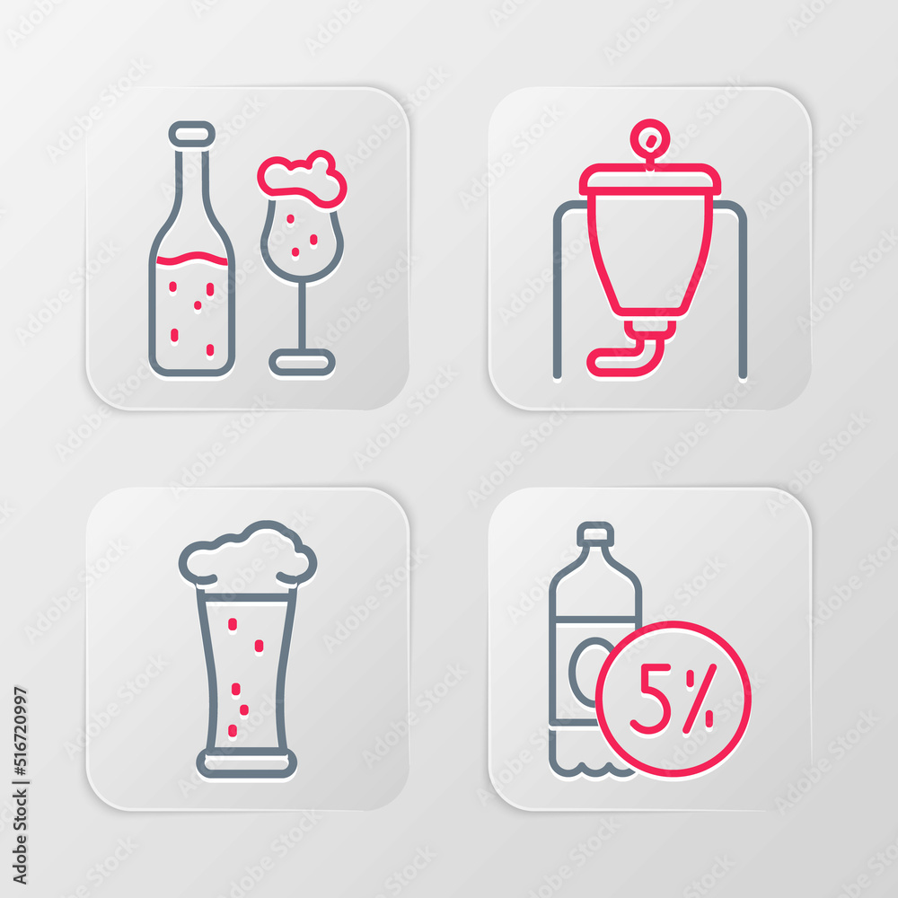 Set line Beer bottle, Glass of beer, brewing process and and glass icon. Vector