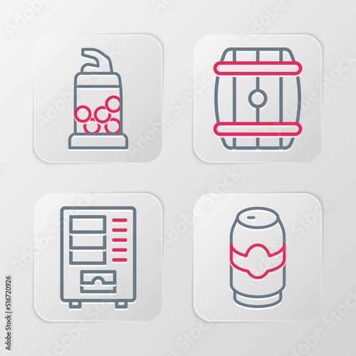 Set line Beer can, Vending machine, Wooden barrel and Bottle opener icon. Vector