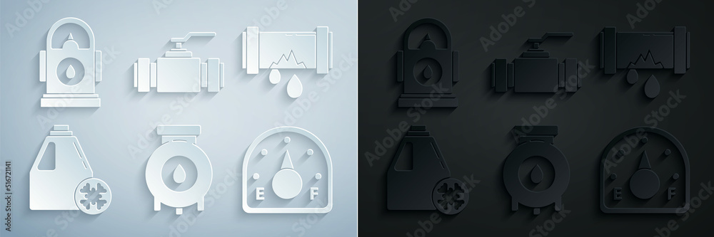 Set Oil and gas industrial factory building, Broken metal pipe with leaking water, Antifreeze canister, Motor gauge, Industry metallic pipes valve and Petrol Gas station icon. Vector
