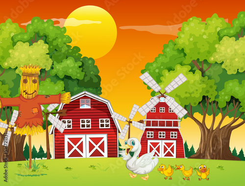 Animals in farm landscape