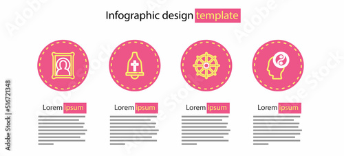 Set line Dharma wheel, Yin Yang, Church bell and Christian icon icon. Vector