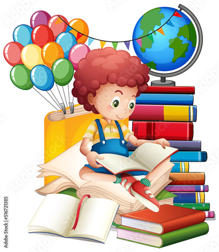 A boy reading books on a stack of books