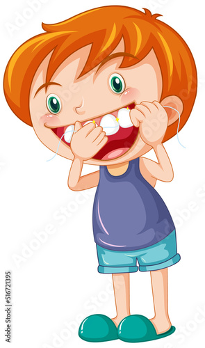 Cute boy cartoon character flossing teeth