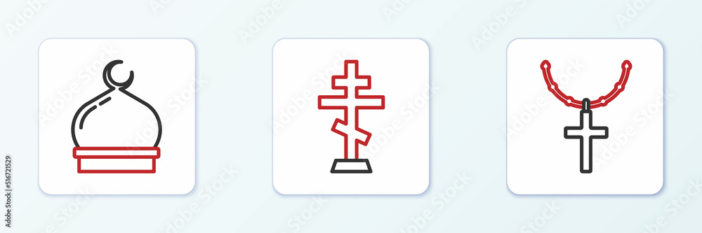 Set line Christian cross on chain, Muslim Mosque and icon. Vector Set line Christian cross on chain, Muslim Mosque and icon. Vector