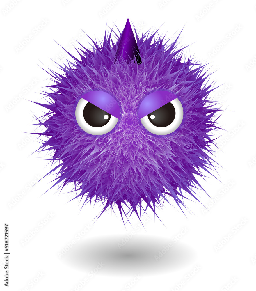 Hairy monster with purple fluffy hair. Vector cute furry ball character.
