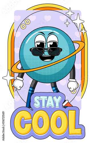 Saturn cartoon character with stay cool badge