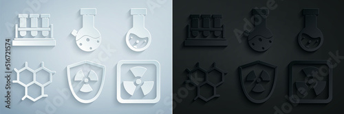 Set Radioactive in shield, Test tube and flask chemical, Chemical formula, and icon. Vector