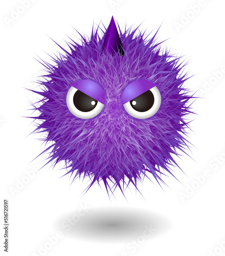 Hairy monster with purple fluffy hair. Vector cute furry ball character.