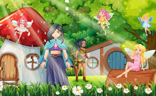 Enchanted scene with medieval cartoon characters