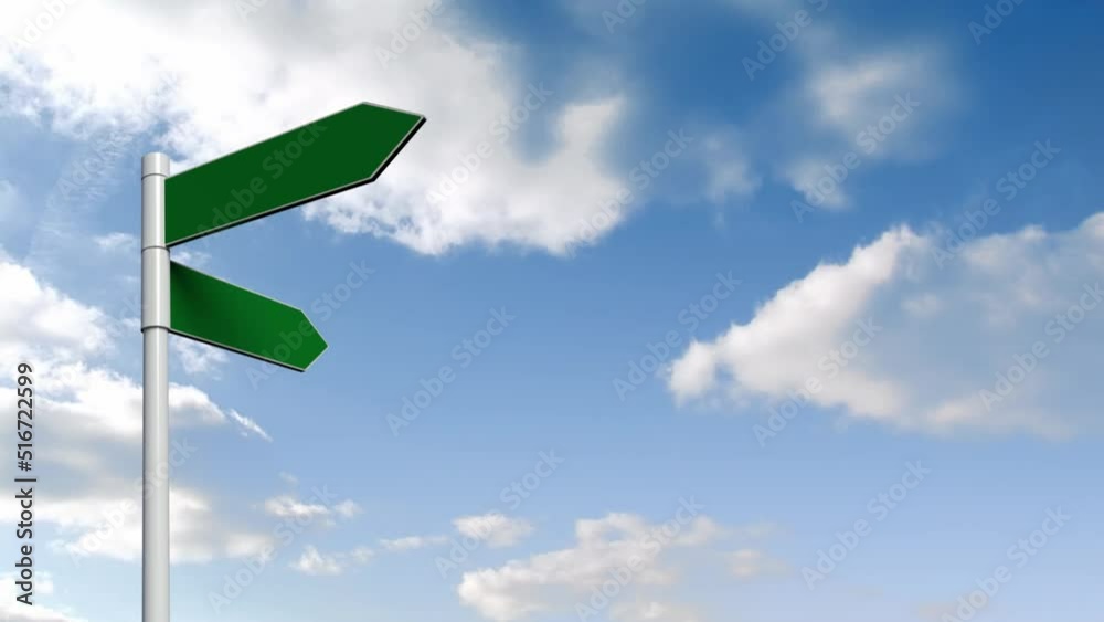 Animation of road sign and clouds on blue background Animation of road sign and clouds on blue background