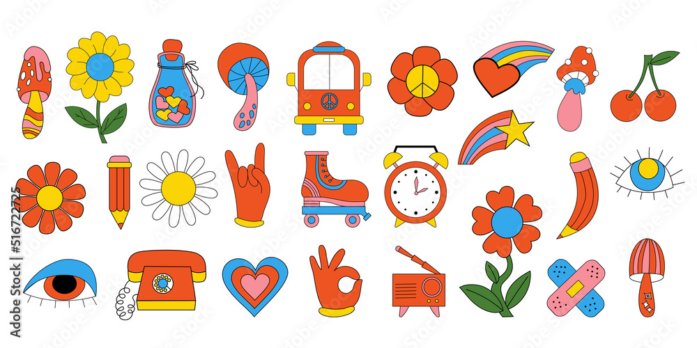 Cute funky hippy stickers. Retro big set 70s 80s style psychedelic groovy elements. Vector clipart vintage hippy style, cartoon funky mushroos and flower, roller-skates, bus, retro phone 