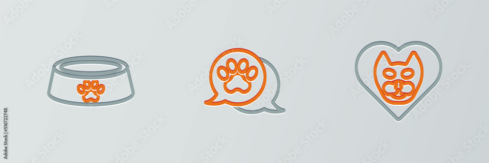 Naklejka premium Set line Heart with cat, Pet food bowl and Paw print icon. Vector