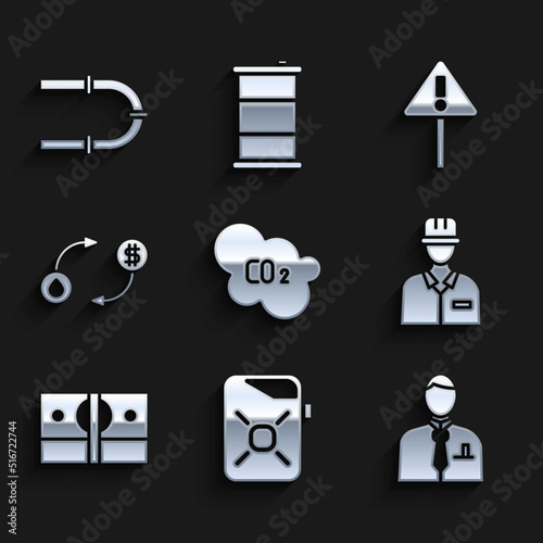 Set CO2 emissions in cloud, Canister for motor oil, Businessman stock market trader, Oilman, Stacks paper money cash, exchange, Exclamation triangle and Industry pipe icon. Vector