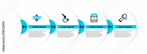 Set line Honeycomb and hand, Jar of honey, dipper stick with and Bee icon. Vector
