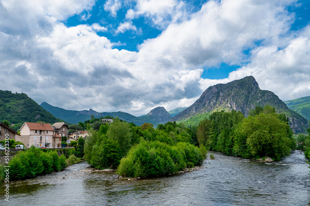 Overview of river and countryside, Tarascon-sur-Ariege, Ariege, Midi-Pyrenees,