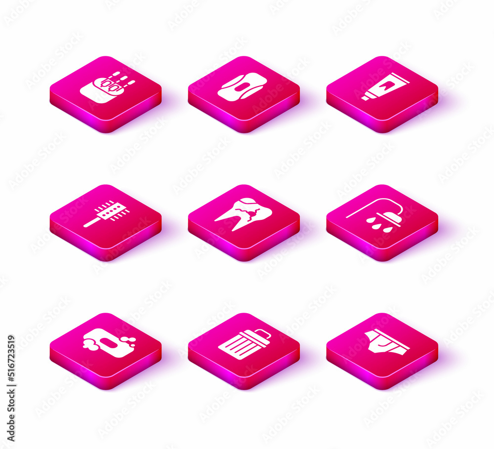 Set Bar of soap, Trash can, Hairbrush, Broken tooth, Underwear, Shower head, Tube toothpaste and Sanitary napkin icon. Vector Set Bar of soap, Trash can, Hairbrush, Broken tooth, Underwear, Shower head, Tube toothpaste and Sanitary napkin icon. Vector