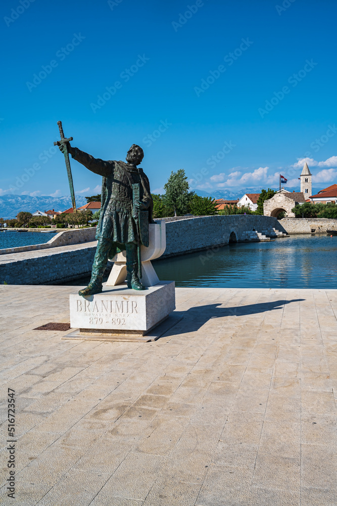 View of the King Tomislav monument and the city of Nin on May 22, 2022,  in Nin, Croatia.