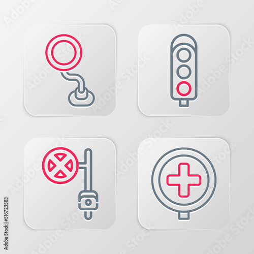 Set line Hospital road traffic, Stop sign with camera, Traffic light and Road icon. Vector