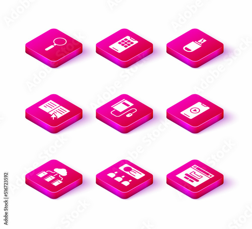 Set Cloud or online library, Training, presentation, Online book, Electronic with mouse, Browser window, play video, USB flash drive and Mobile phone icon. Vector