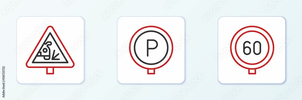 Set line Speed limit traffic, Warning road sign and Parking icon. Vector Set line Speed limit traffic, Warning road sign and Parking icon. Vector