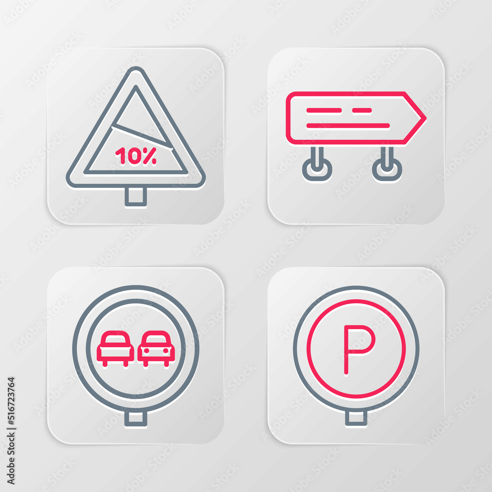 Set line Parking, No overtaking road traffic, Road sign and Steep ascent and descent icon. Vector Set line Parking, No overtaking road traffic, Road sign and Steep ascent and descent icon. Vector