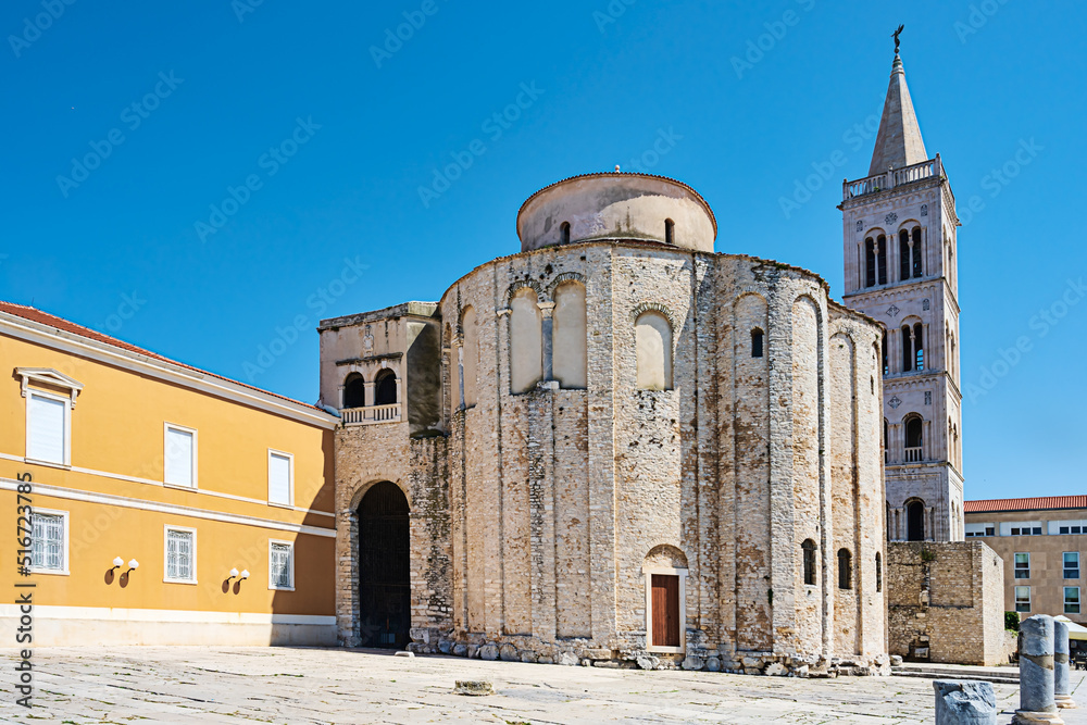 Church of St Donat with the belltower of Zadar Cathedral on May 22, 2022 in Zadar, Croatia.Church of St Donat with the belltower of Zadar Cathedral on May 22, 2022, in Zadar, Croatia.