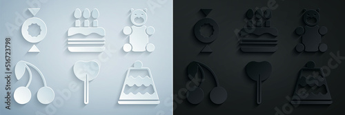 Set Lollipop, Jelly bear candy, Cherry, Cake, with burning candles and Candy icon. Vector