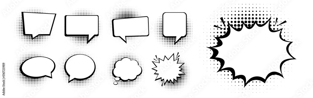 Retro comic speech bubbles with black halftone shadows. Vintage design pop art style and empty vector design.