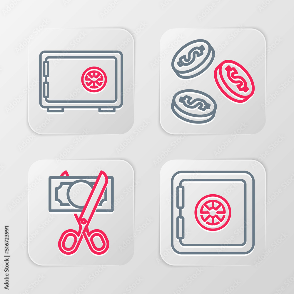 Set line Safe, Scissors cutting money, Coin with dollar and icon. Vector Set line Safe, Scissors cutting money, Coin with dollar and icon. Vector