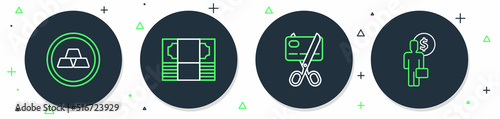Set line Stacks paper money cash, Scissors cutting credit card, Gold bars and Business man planning mind icon. Vector